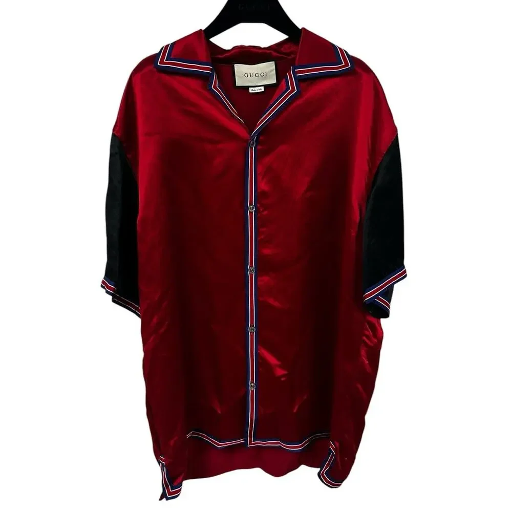 Gucci GG Star Red Black Acetate Short Sleeve Bowling Shirt Mens 48 US 38 Medium